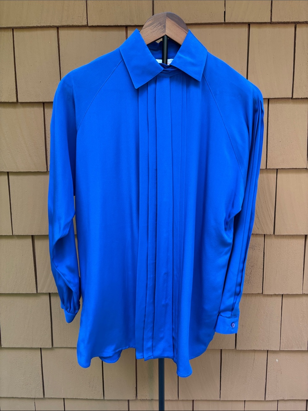 BETTY HANSON | Royal Blue Vintage Pleated LS Silk Charmeuse‎ Blouse | Size 6